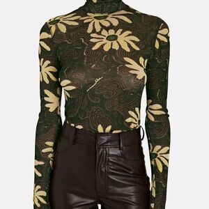 Nanushka Floral Patterned Henri Top in Green and Yellow